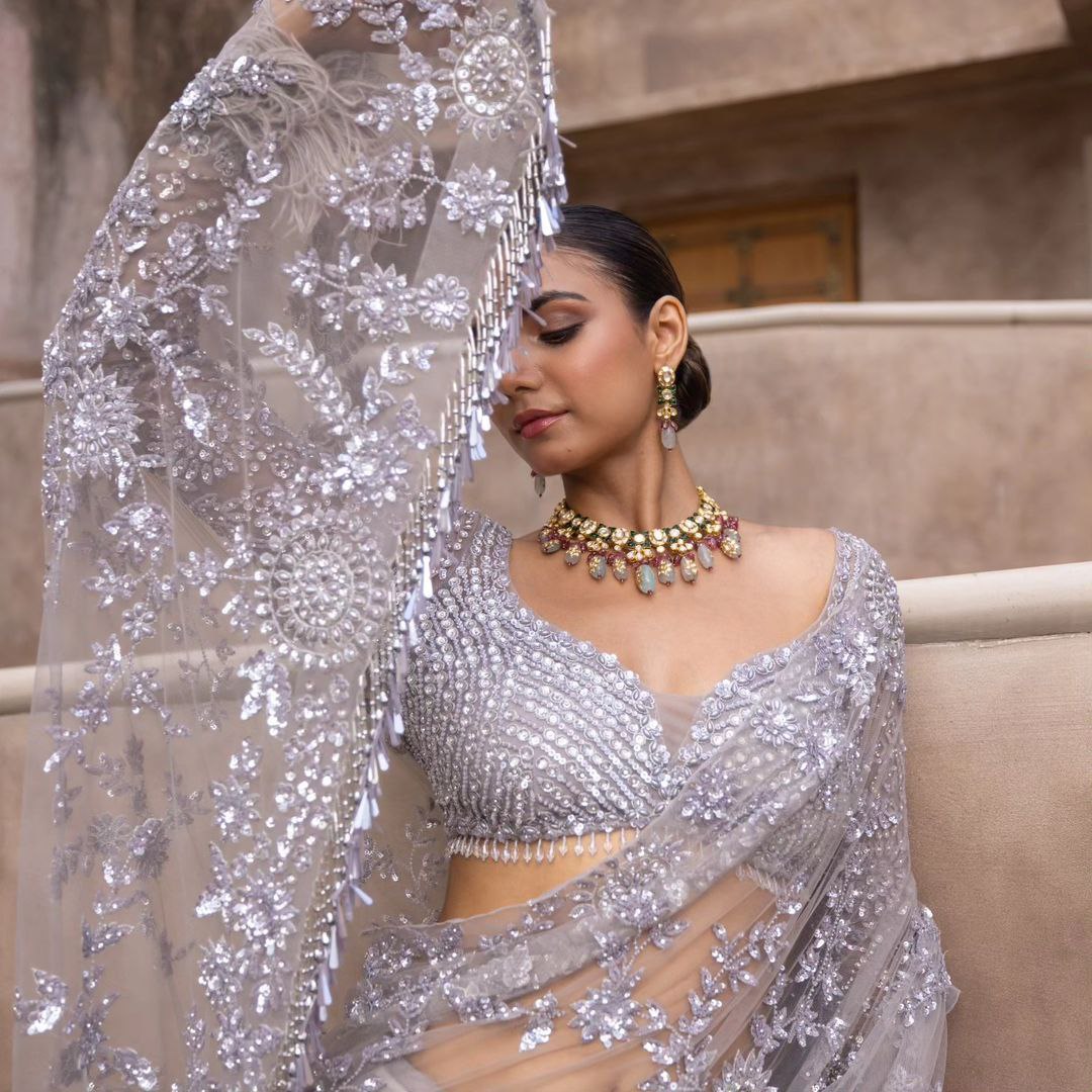 Grey Heavy Embroidery work Blouse Party Wear Saree With Sequins Work Blouse piece For Women And Girls