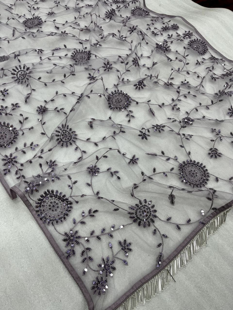 Grey Heavy Embroidery work Blouse Party Wear Saree With Sequins Work Blouse piece For Women And Girls
