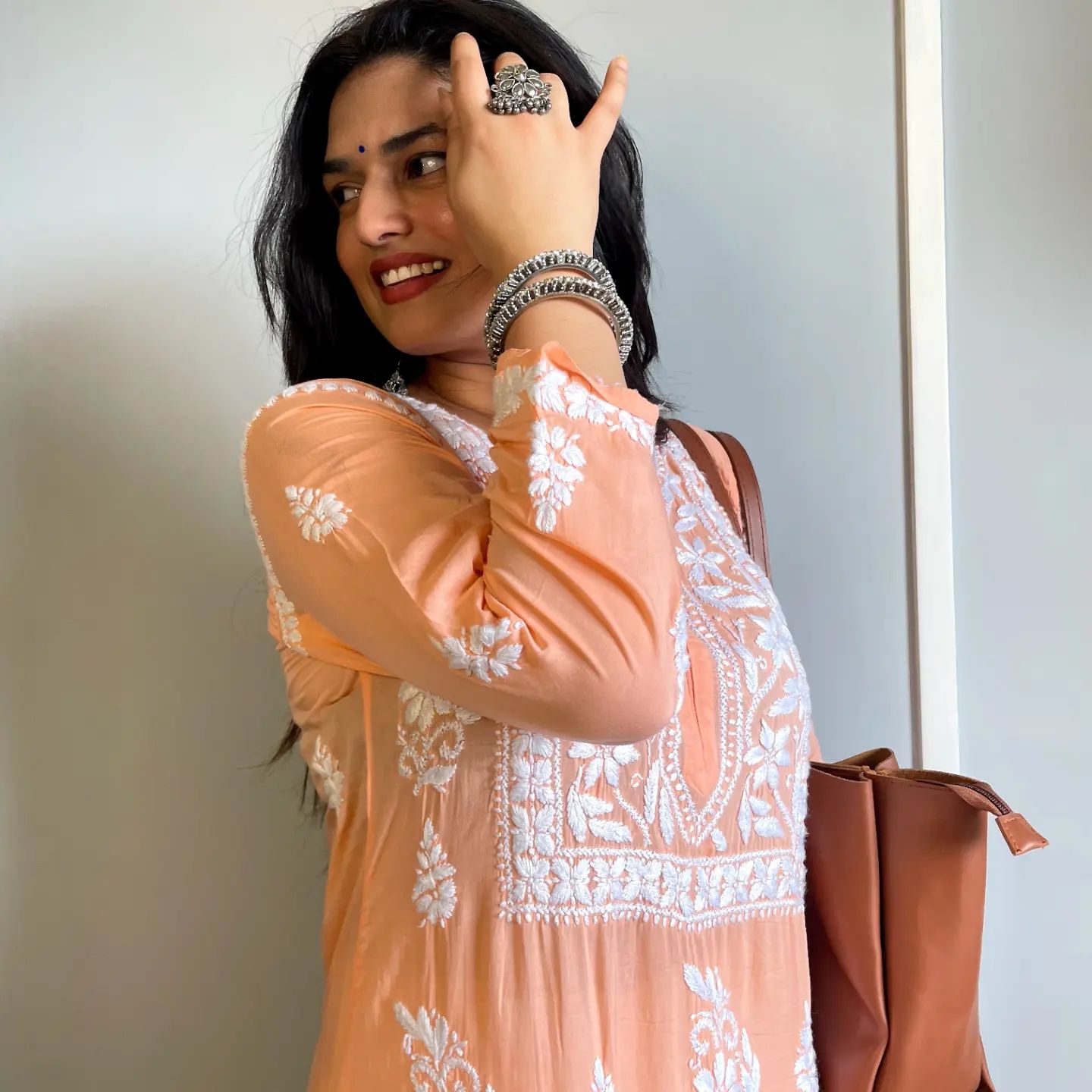 Peach&Purple  Rayon Cotton Chikankari Kurta With Palazzo Set