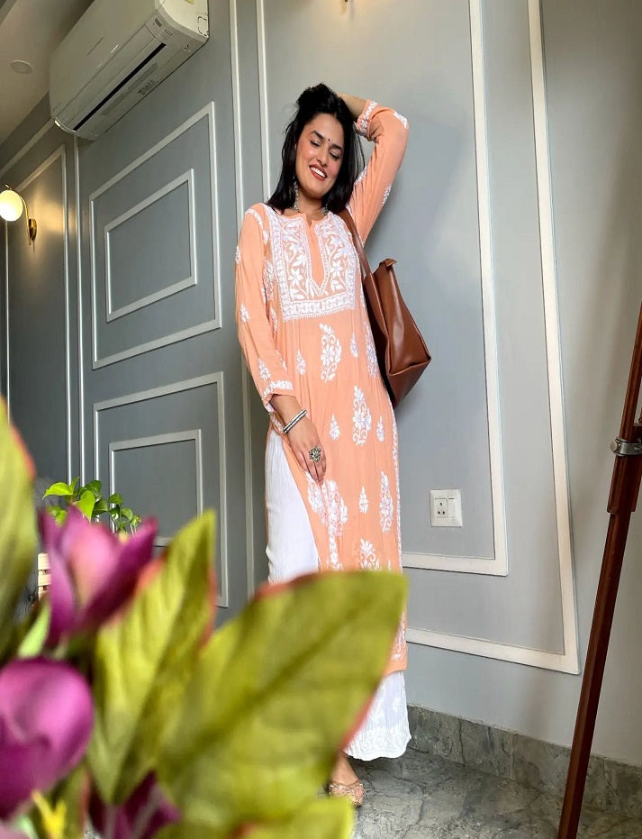 Peach&Purple  Rayon Cotton Chikankari Kurta With Palazzo Set