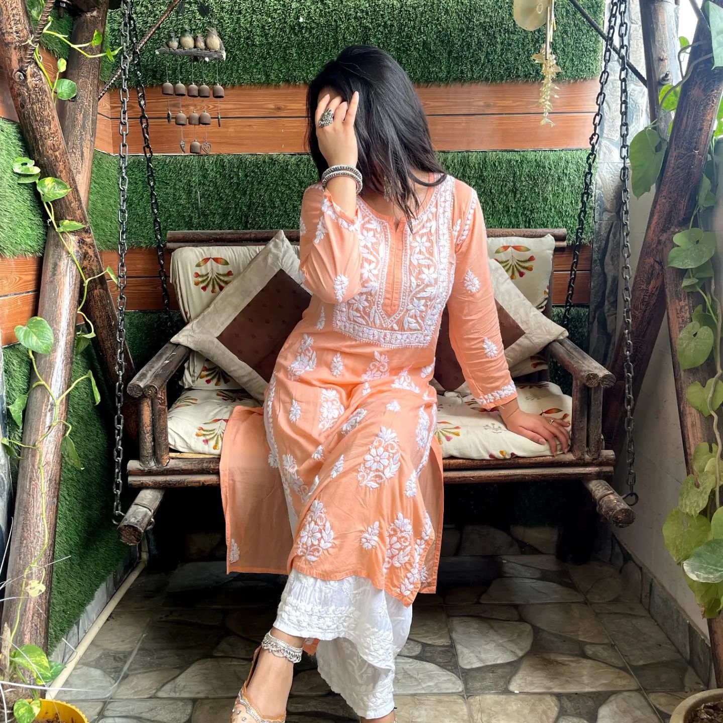 Peach&Purple  Rayon Cotton Chikankari Kurta With Palazzo Set