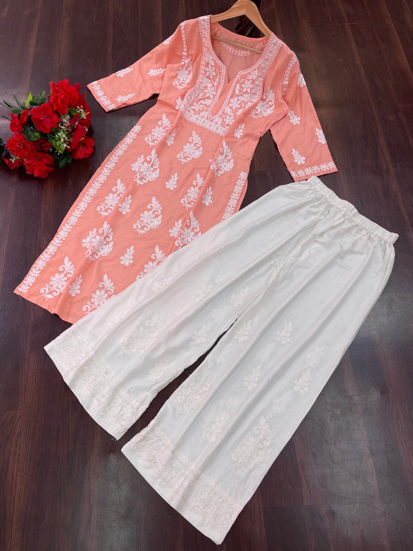 Peach&Purple  Rayon Cotton Chikankari Kurta With Palazzo Set