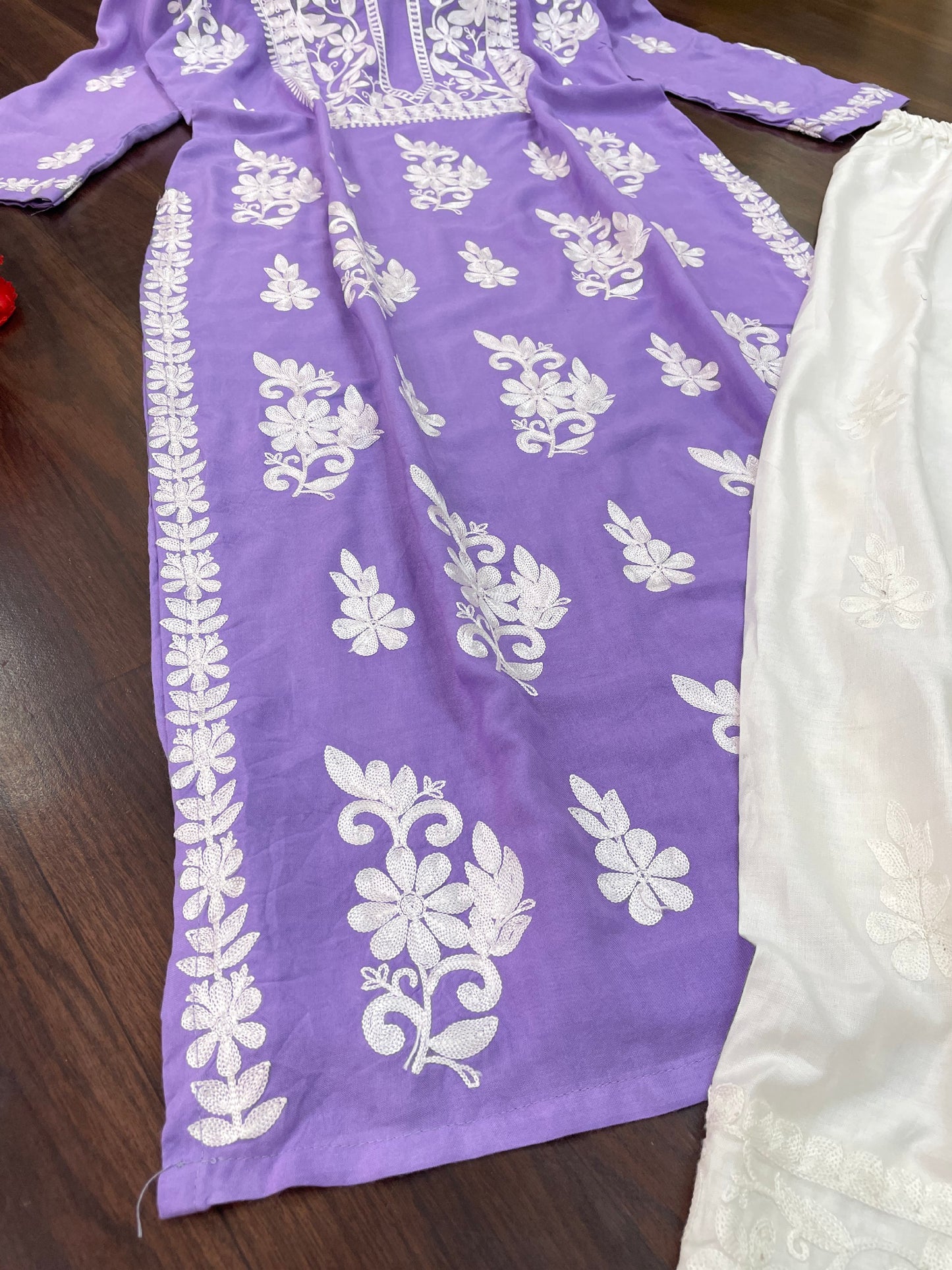 Peach&Purple  Rayon Cotton Chikankari Kurta With Palazzo Set