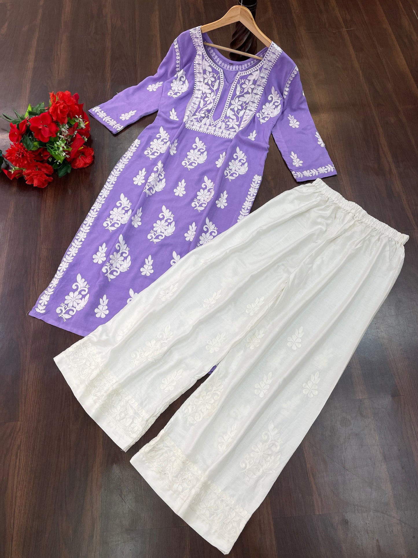 Peach&Purple  Rayon Cotton Chikankari Kurta With Palazzo Set