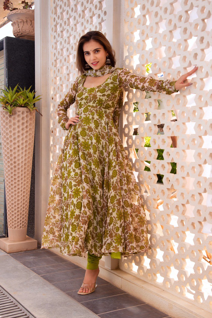 Trendy Printed Parrot Green Color Anarkali Gown Pant Pair With Dupatta Set