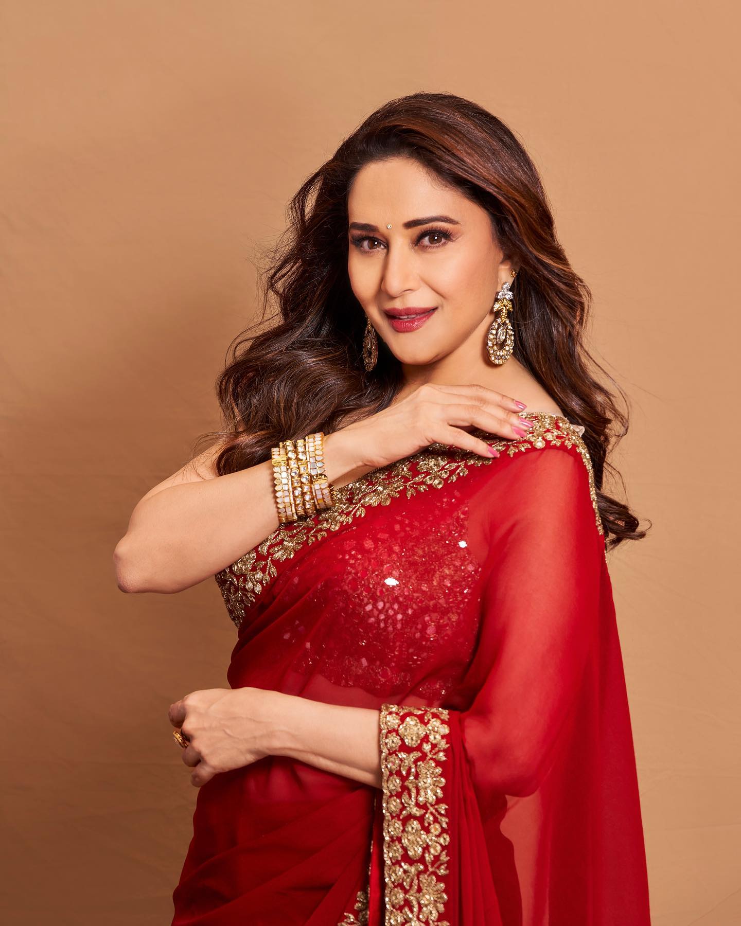 Madhuri Dixit Red Color Soft georgette Gold thread Zari and sequence work Wedding Party Wear Saree