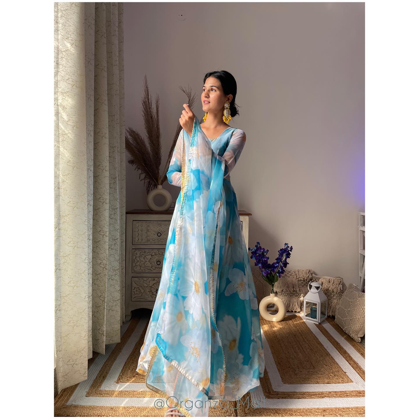 Aqua Blue Women's Digital Floral Printed Ethnic Wear Pure Organza Anarkali Set