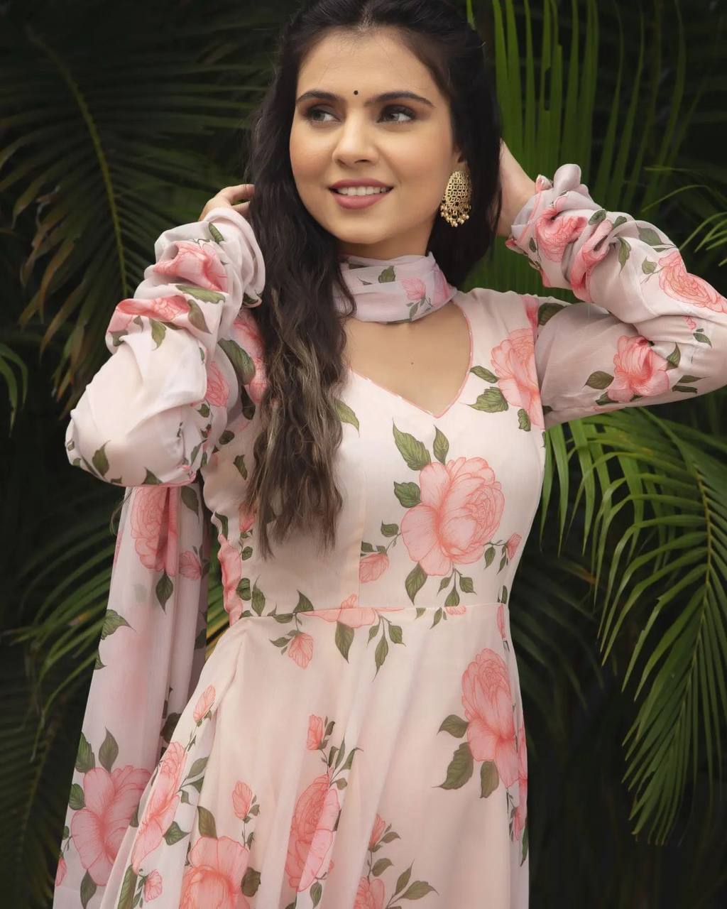 Pretty Cream Color Pure Soft Faux Georgette Floral Print Anarkali Gown Pent With Dupatta