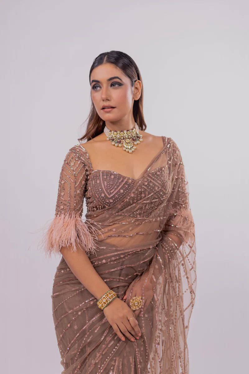 Womens Net Fabric Saree With Fancy Sequence Thread Work With Pallu Border Zalar