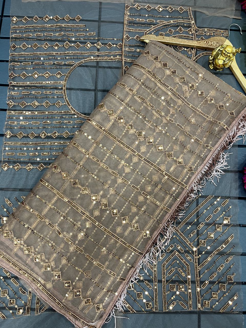 Womens Net Fabric Saree With Fancy Sequence Thread Work With Pallu Border Zalar