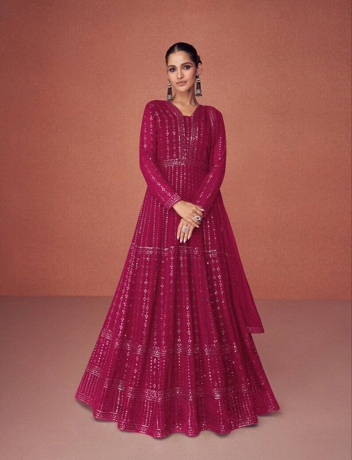 Red & Green Women's Faux Georgette Stitched Top with Bottom and Dupatta Embroidered Flared Gown