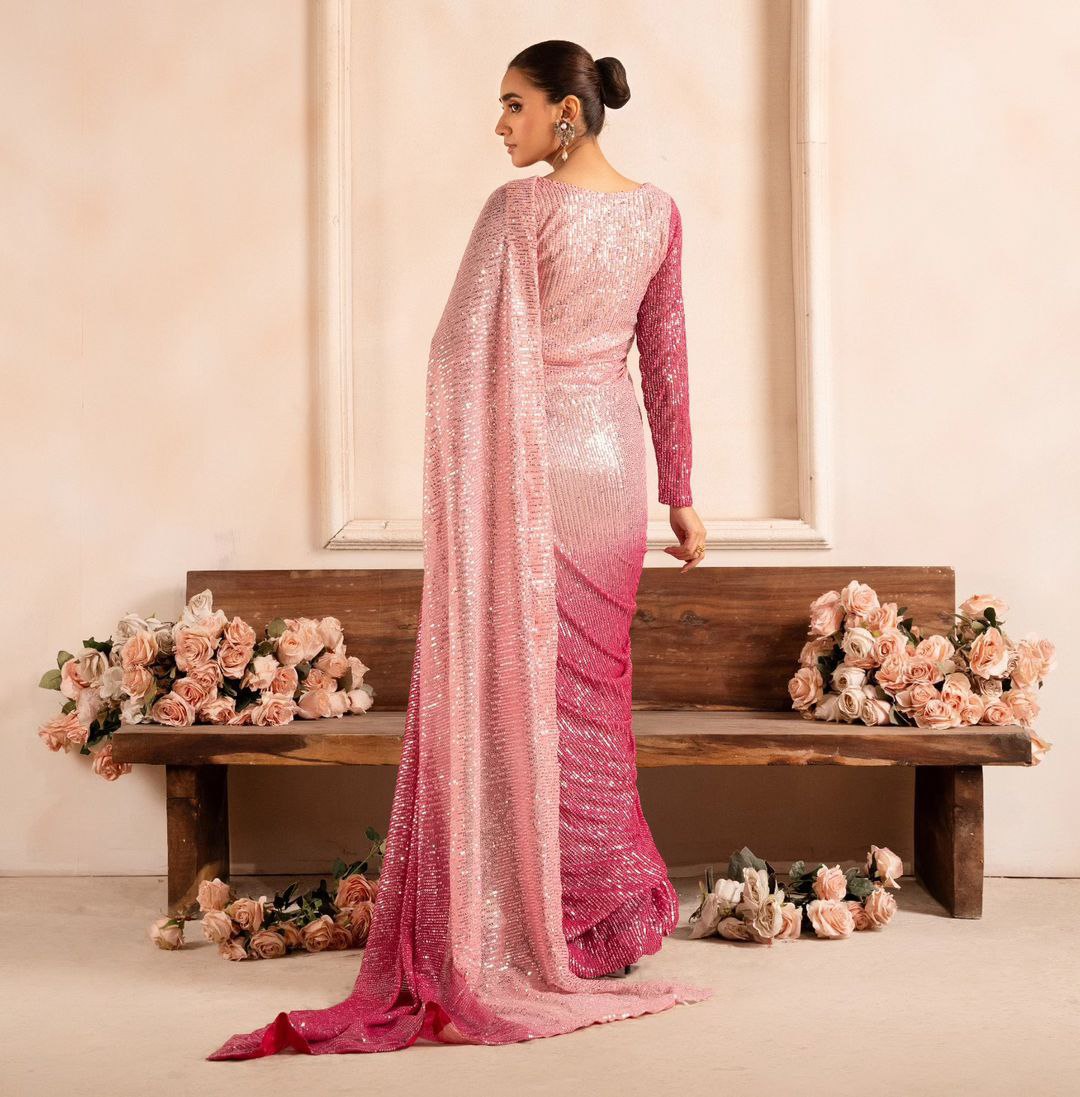 Multi Red Color Soft Georgette Dual Sequence Embroidery Work Designer Saree