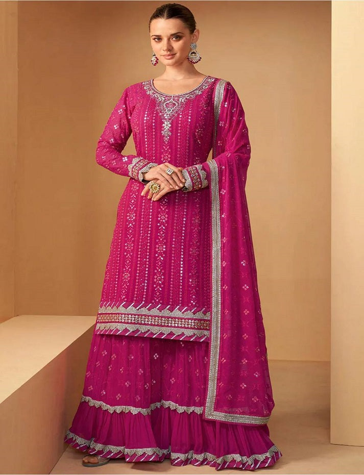 Red Women's Faux Georgette Stitched Top with Bottom and Dupatta Full Sleeve Embroidered Straight Kurta