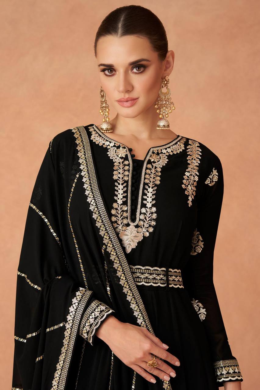 BLACK COLOR GEORGETTE FABRIC EMBROIDERED READYMADE LONG ANARKALI STYLE GOWN WITH DUPATTA