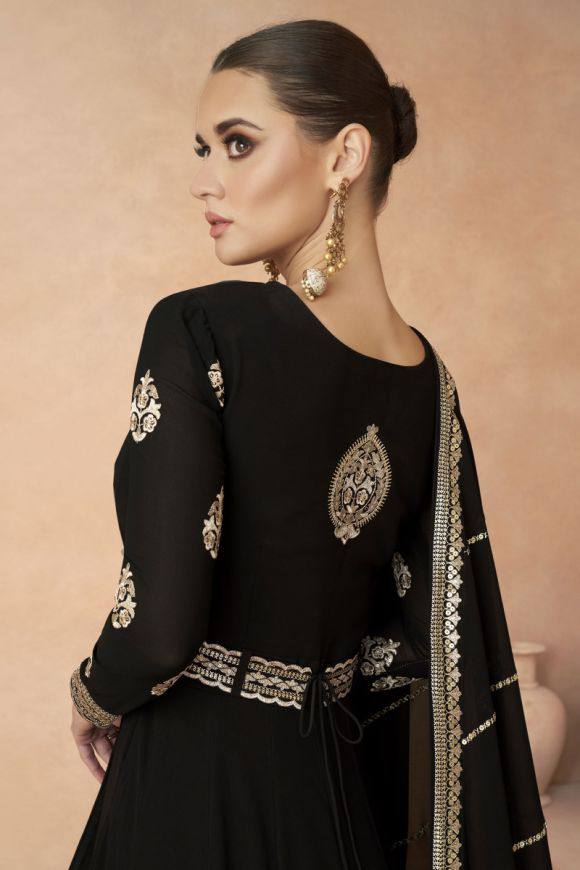 BLACK COLOR GEORGETTE FABRIC EMBROIDERED READYMADE LONG ANARKALI STYLE GOWN WITH DUPATTA