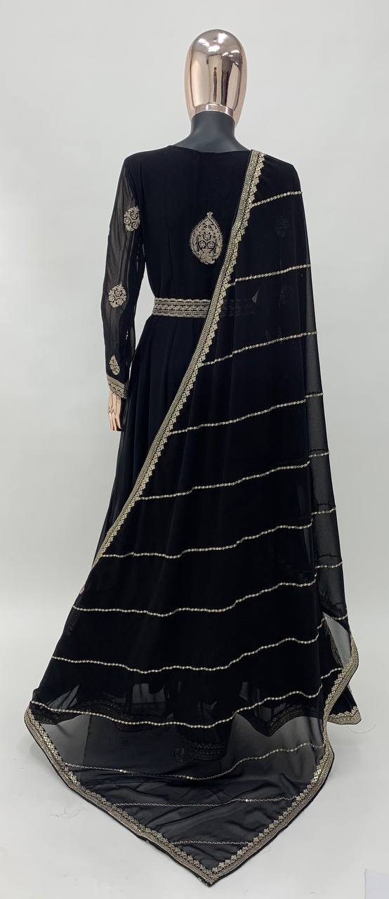 BLACK COLOR GEORGETTE FABRIC EMBROIDERED READYMADE LONG ANARKALI STYLE GOWN WITH DUPATTA