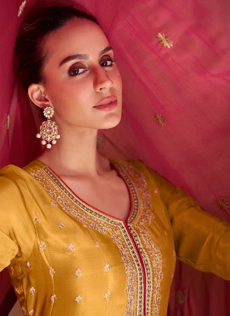 Yellow Pakistani Indian Wedding Party Wear Designer Salwar Kameez Palazzo Suits Heavy Embroidery Work Shalwar Kameez Dupatta Dress for Women's Wear