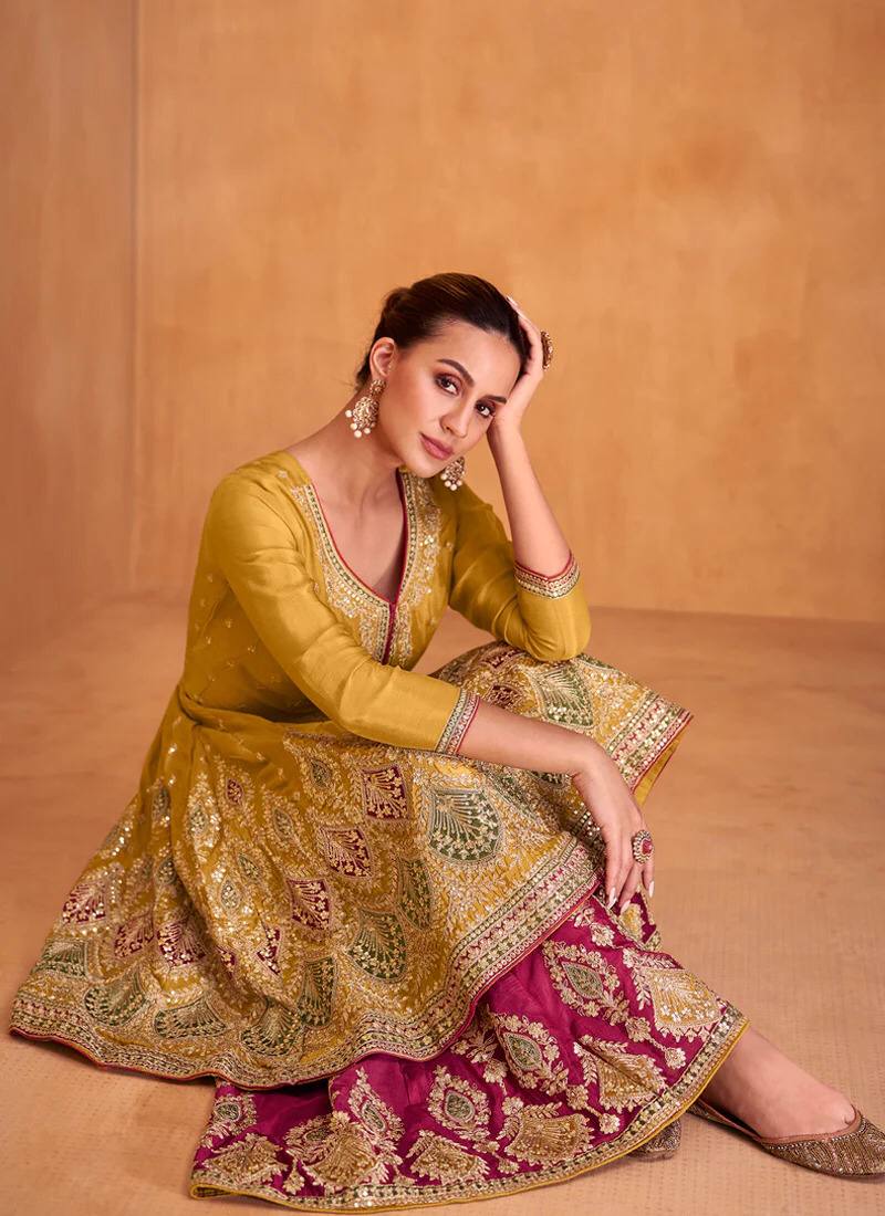 Yellow Pakistani Indian Wedding Party Wear Designer Salwar Kameez Palazzo Suits Heavy Embroidery Work Shalwar Kameez Dupatta Dress for Women's Wear