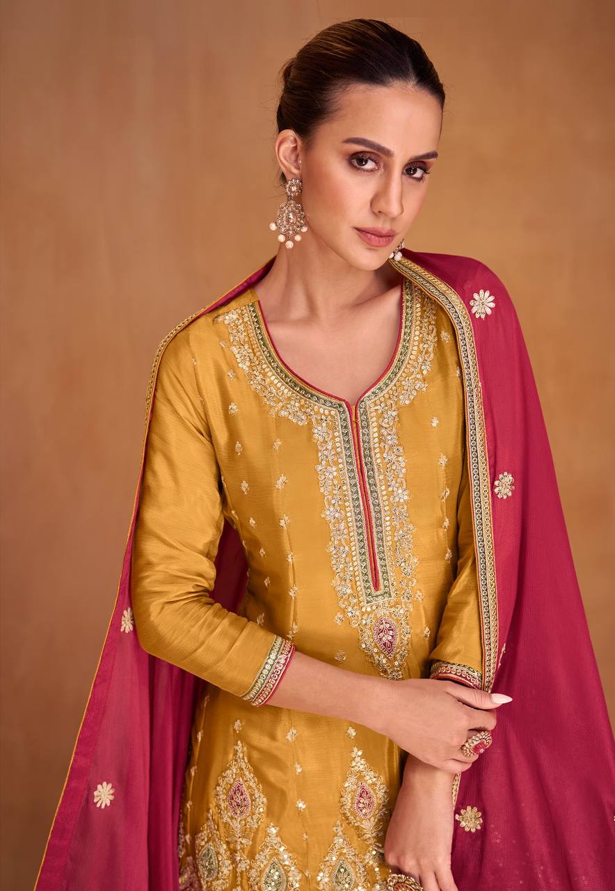 Yellow Pakistani Indian Wedding Party Wear Designer Salwar Kameez Palazzo Suits Heavy Embroidery Work Shalwar Kameez Dupatta Dress for Women's Wear