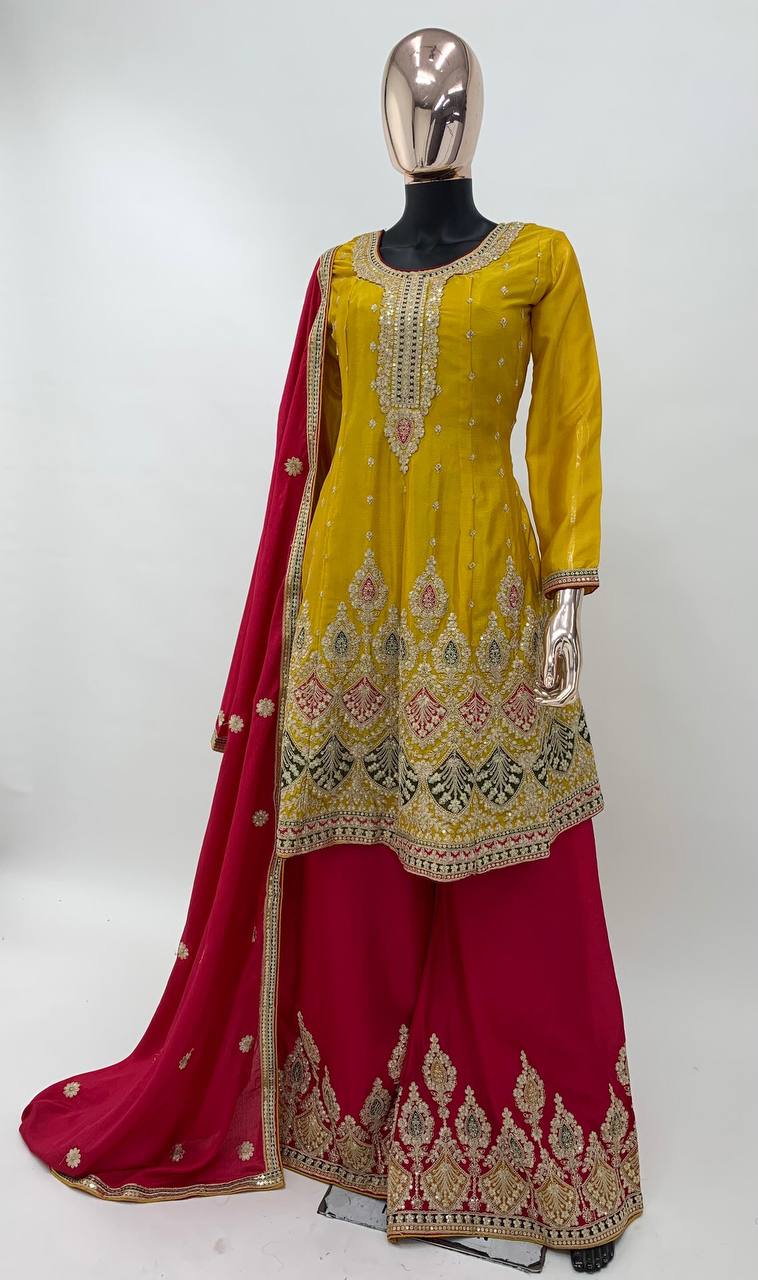 Yellow Pakistani Indian Wedding Party Wear Designer Salwar Kameez Palazzo Suits Heavy Embroidery Work Shalwar Kameez Dupatta Dress for Women's Wear