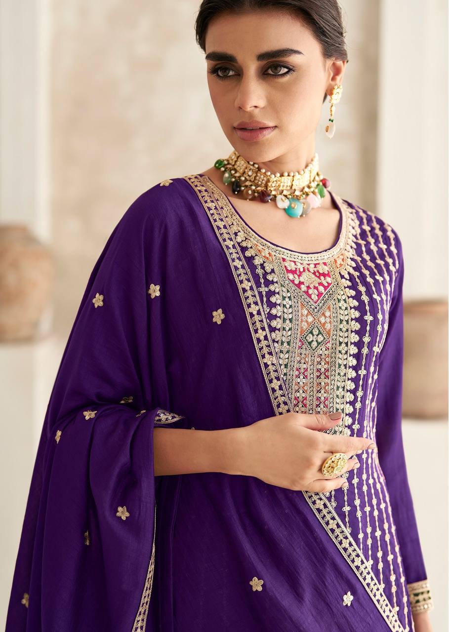 Stunning Purple Embroidered Chinon fully stitched Salwar Suit Set with Dupatta