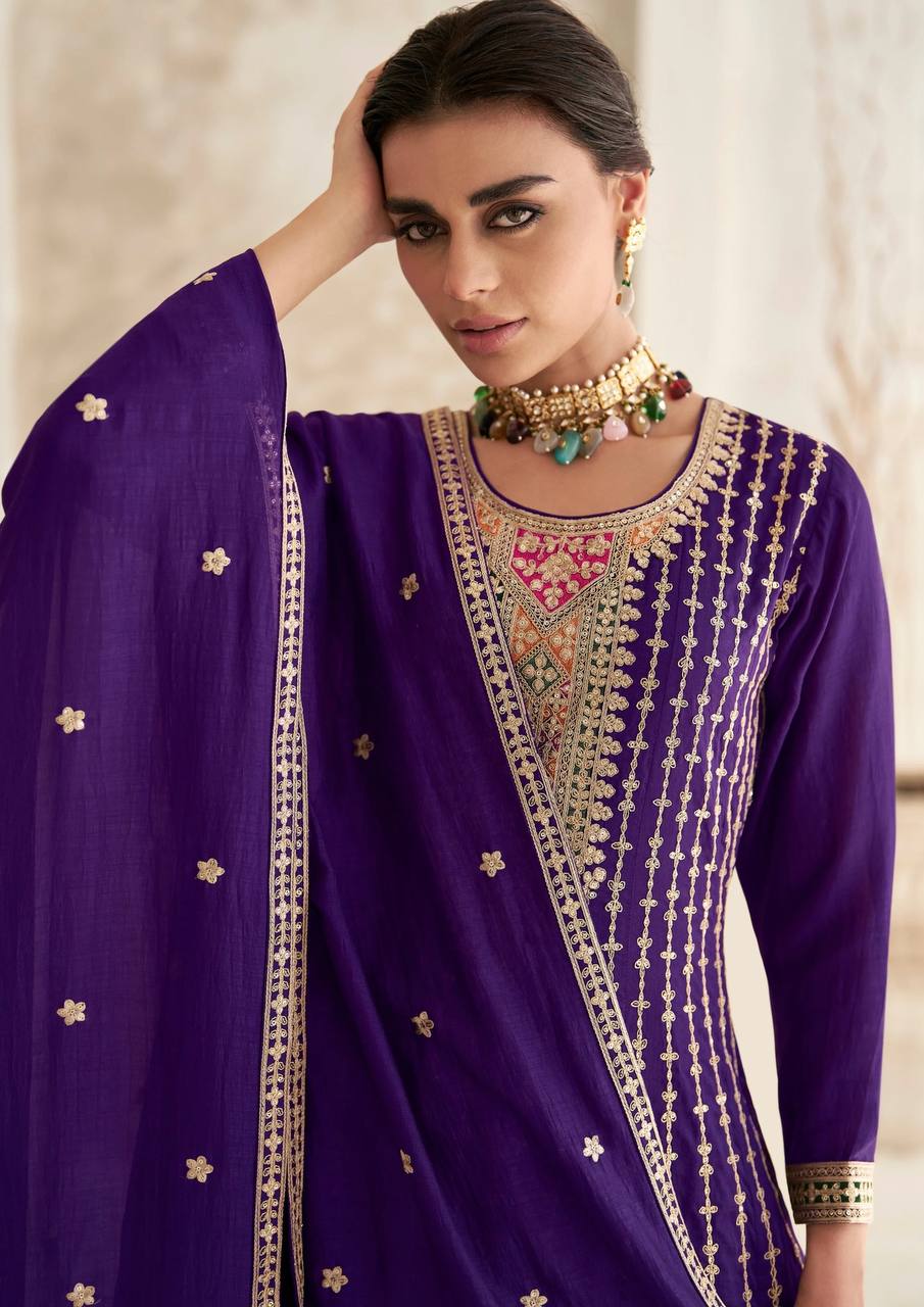 Stunning Purple Embroidered Chinon fully stitched Salwar Suit Set with Dupatta