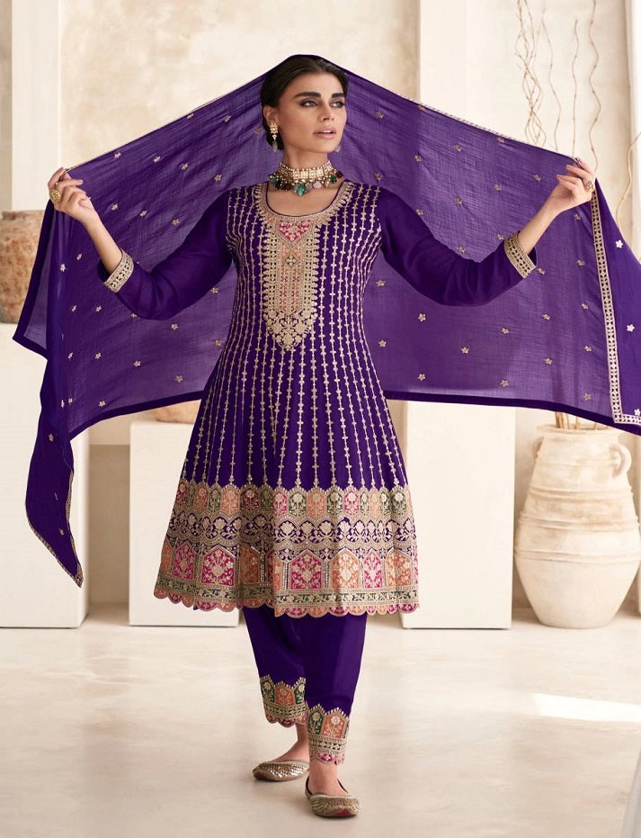 Stunning Purple Embroidered Chinon fully stitched Salwar Suit Set with Dupatta