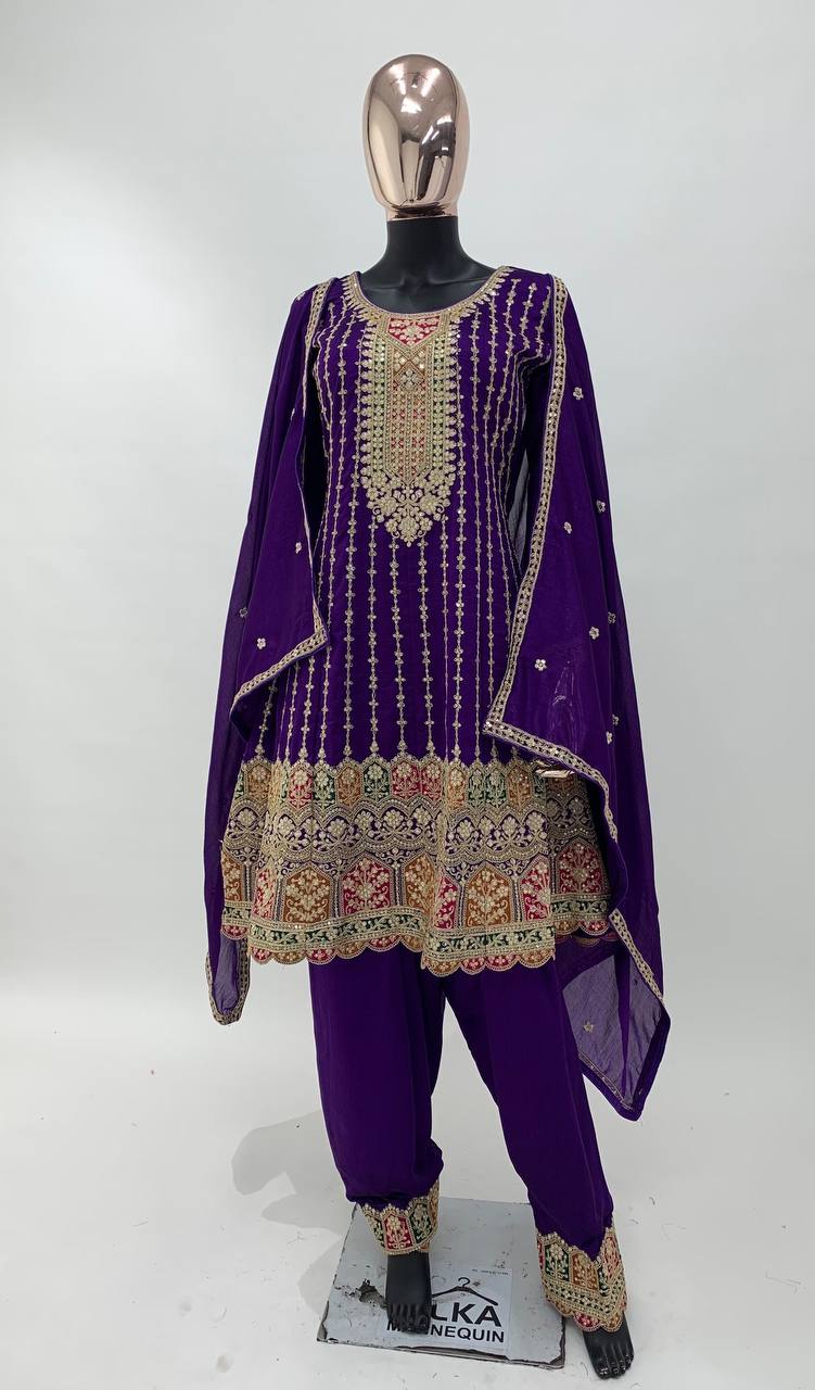 Stunning Purple Embroidered Chinon fully stitched Salwar Suit Set with Dupatta