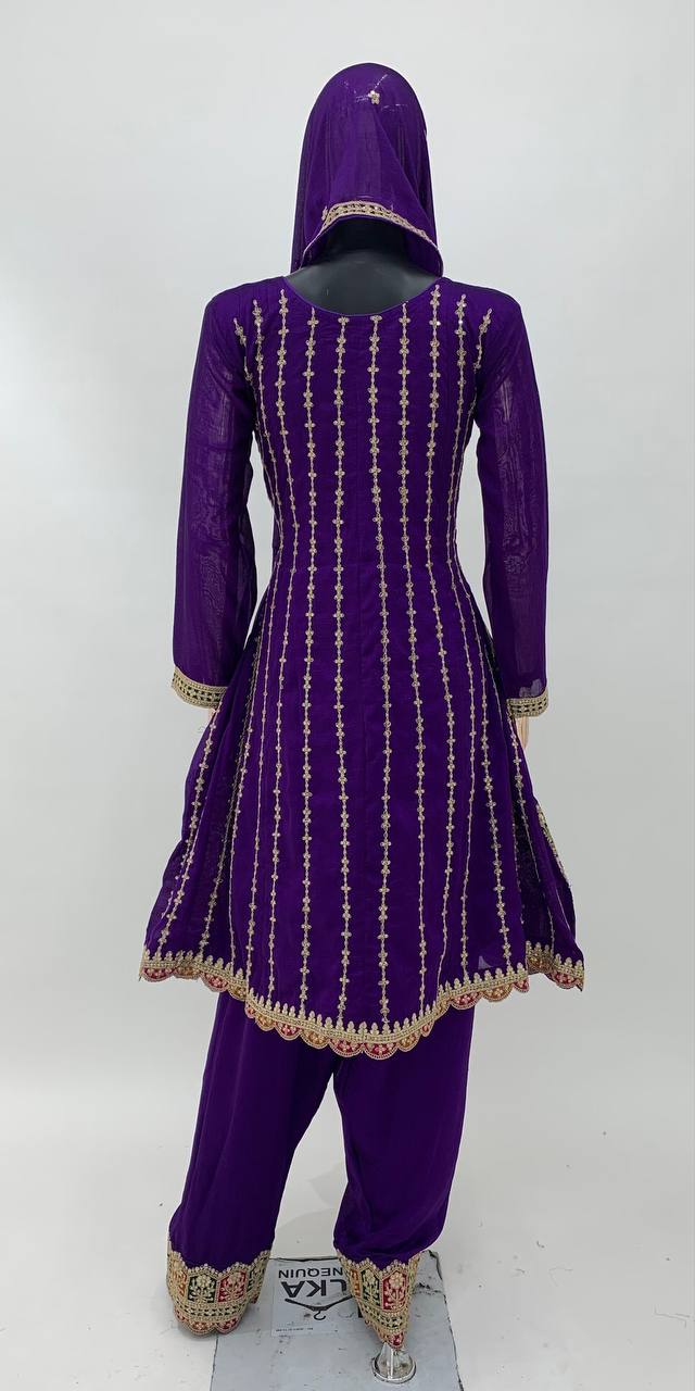 Stunning Purple Embroidered Chinon fully stitched Salwar Suit Set with Dupatta