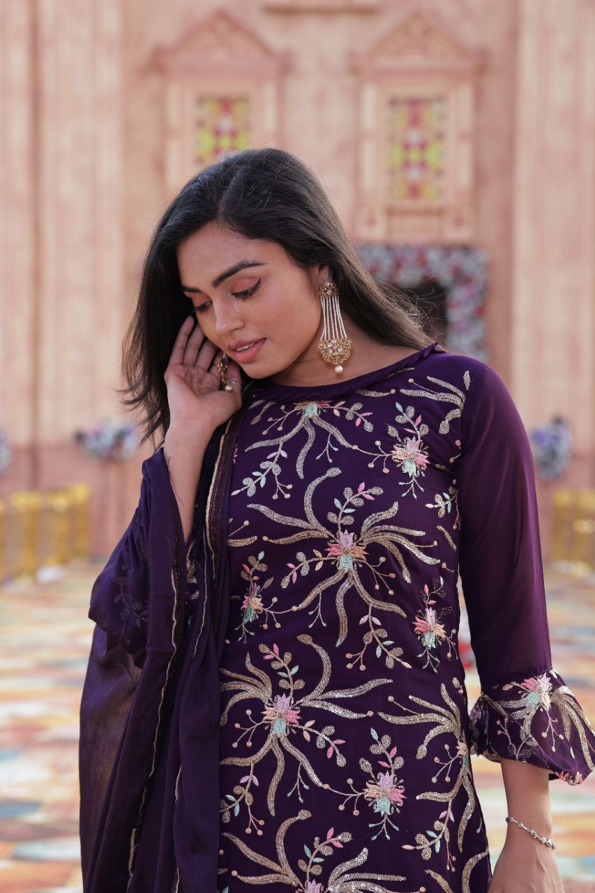 Women's Purple Color Full Stitched Faux Georgette Top and Palazzo with Santoon Inner and Nazmin Dupatta Embroidered Kurta Palazzo Set