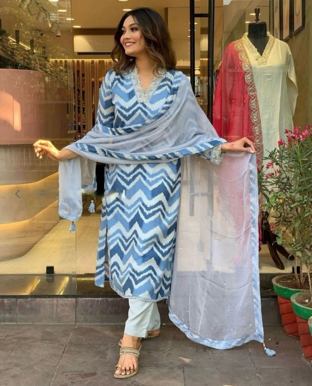 Blue Color Women Embroidered Straight Slik Kurta with Pants & Dupatta