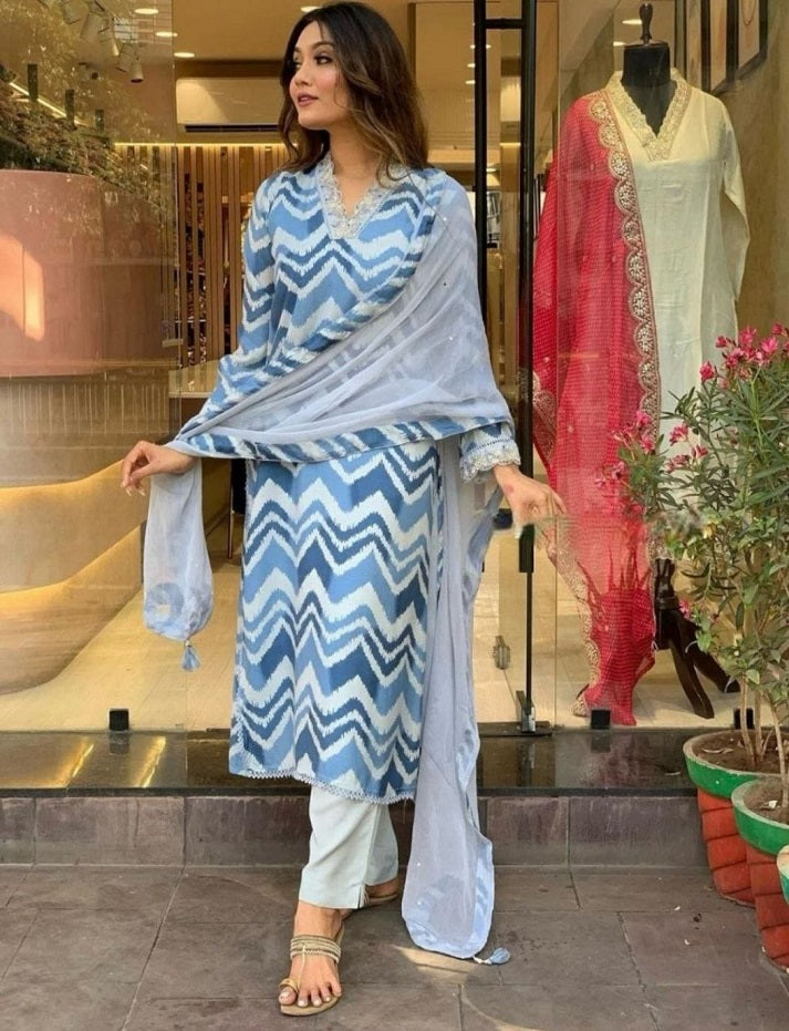 Blue Color Women Embroidered Straight Slik Kurta with Pants & Dupatta