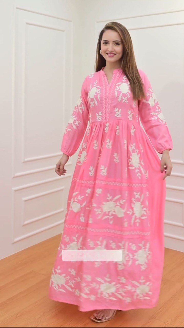 Beutiful 3 Colors Embroidery Work Rayon Gown For Womens And Girls