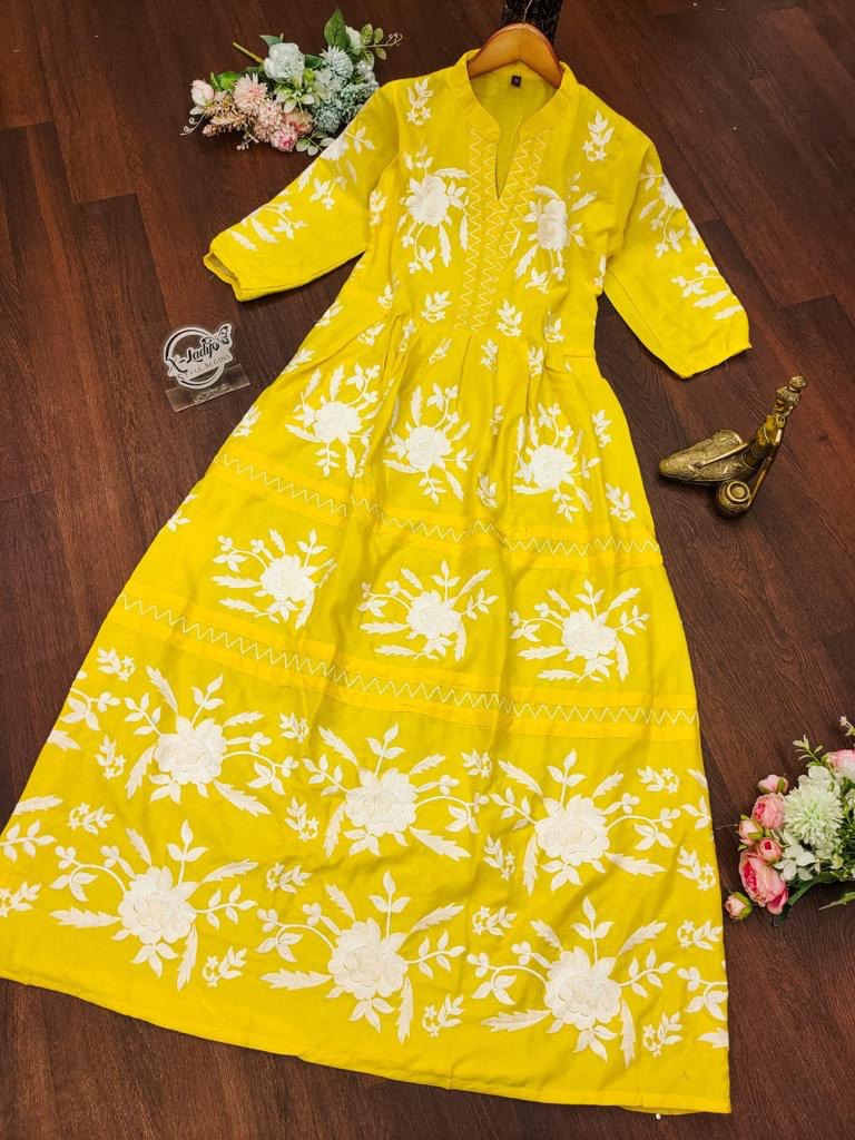 Beutiful 3 Colors Embroidery Work Rayon Gown For Womens And Girls