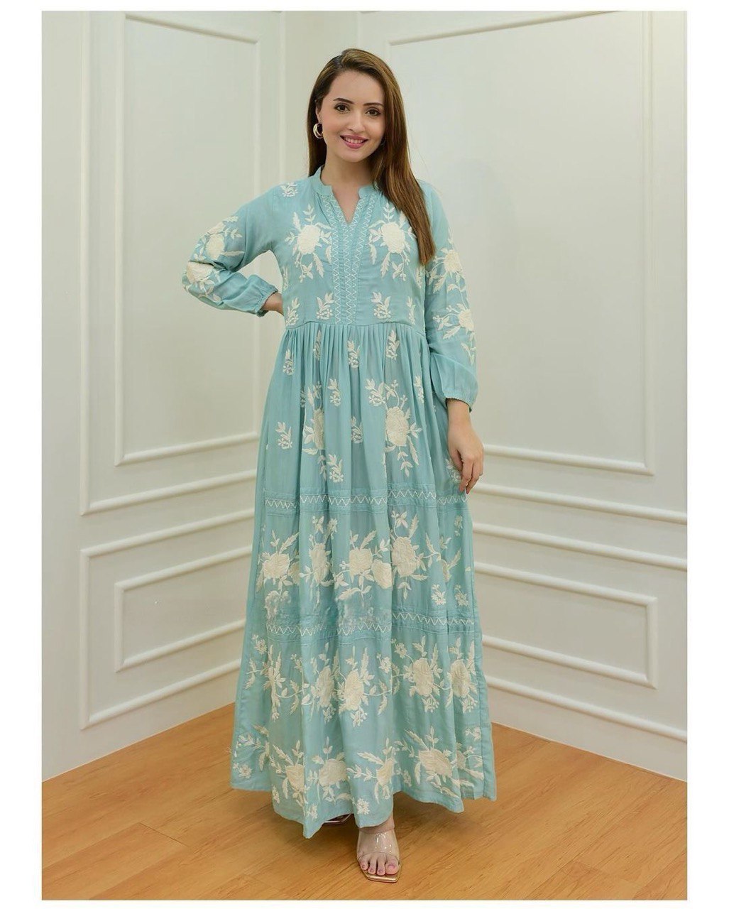 Beutiful 3 Colors Embroidery Work Rayon Gown For Womens And Girls