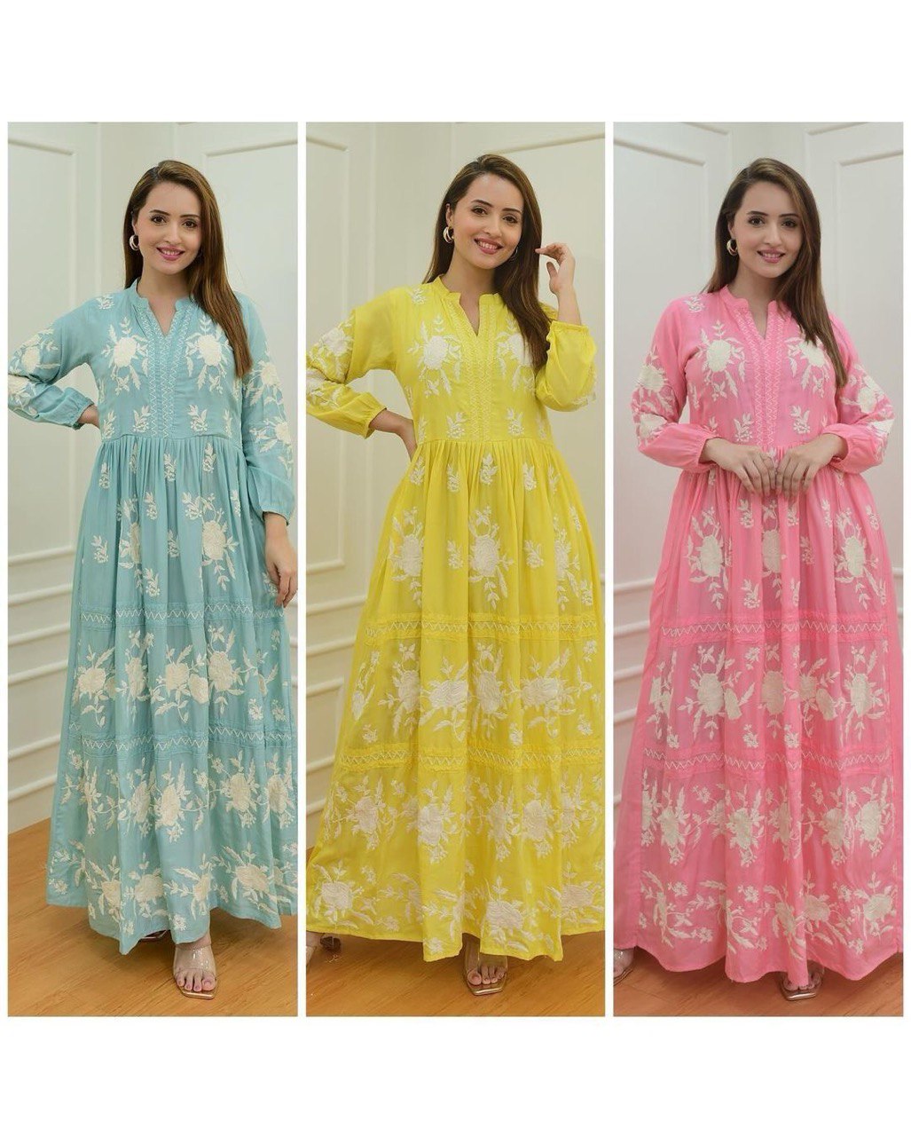 Beutiful 3 Colors Embroidery Work Rayon Gown For Womens And Girls