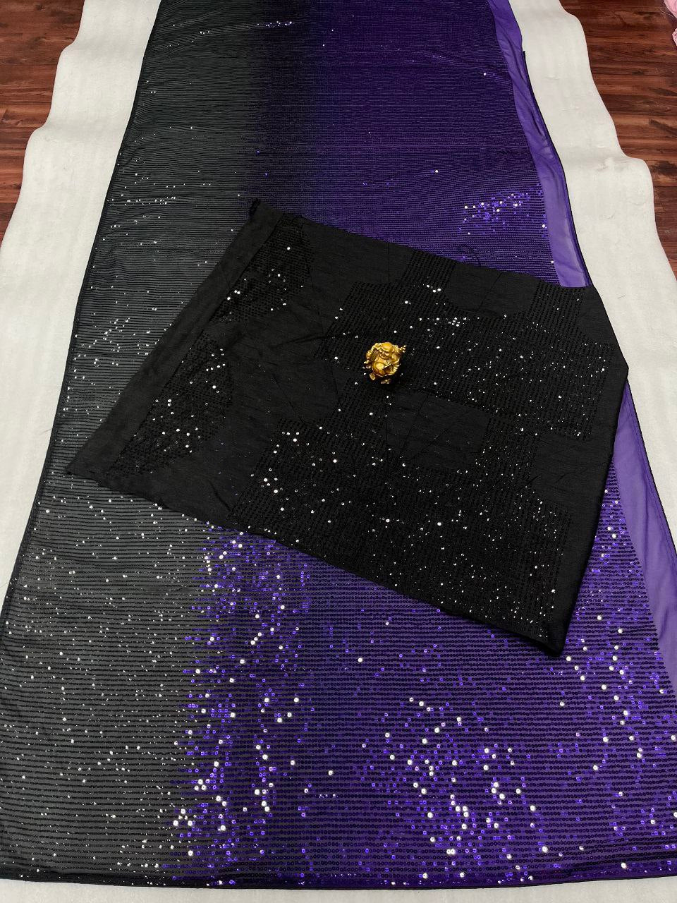 Purple Color Georgette Sequence Embroidery Work Saree For Women's