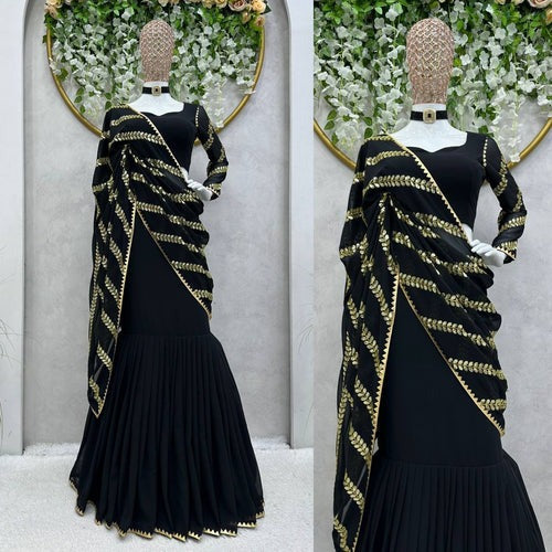 Designer Partywear Georgette Black Color Embroidery Sequence Work Lehenga Saree For Women's