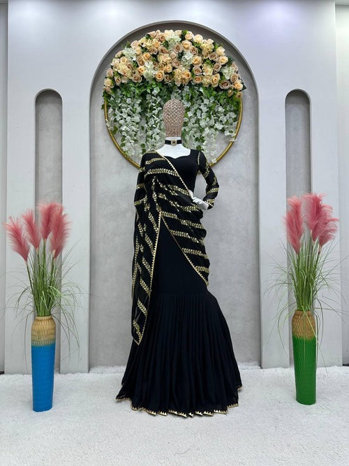 Designer Partywear Georgette Black Color Embroidery Sequence Work Lehenga Saree For Women's