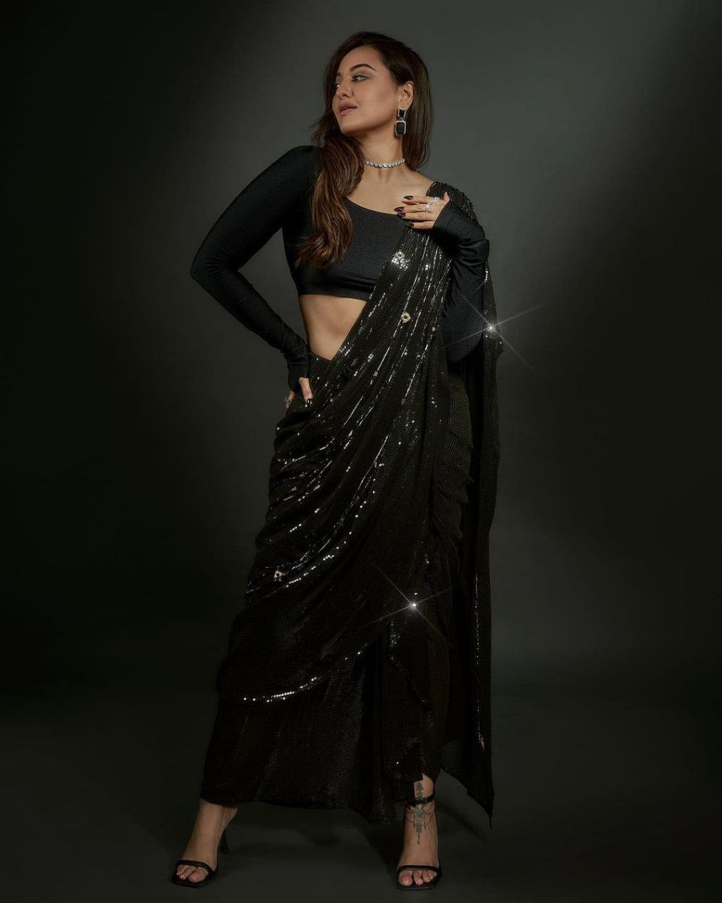 Beautiful Black Color Georgette Heavy Sequins Embroidery Work Party Wear Saree For Women's