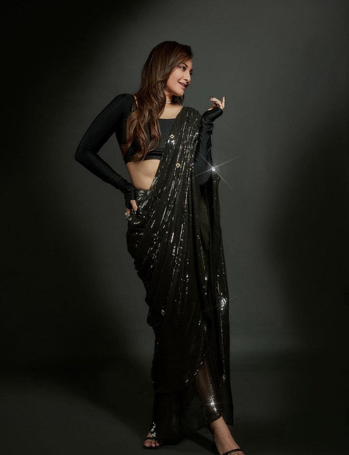 Beautiful Black Color Georgette Heavy Sequins Embroidery Work Party Wear Saree For Women's
