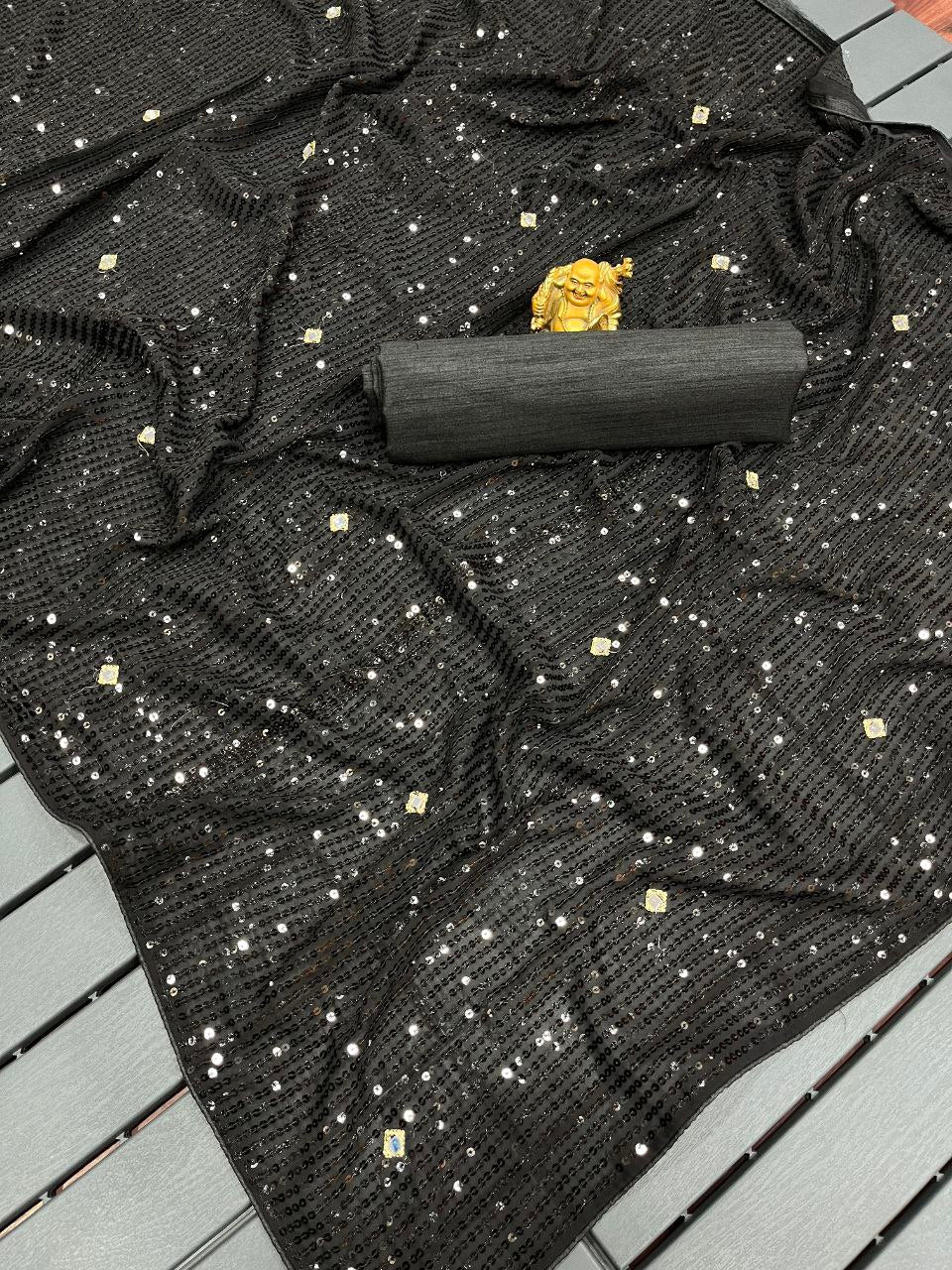 Beautiful Black Color Georgette Heavy Sequins Embroidery Work Party Wear Saree For Women's