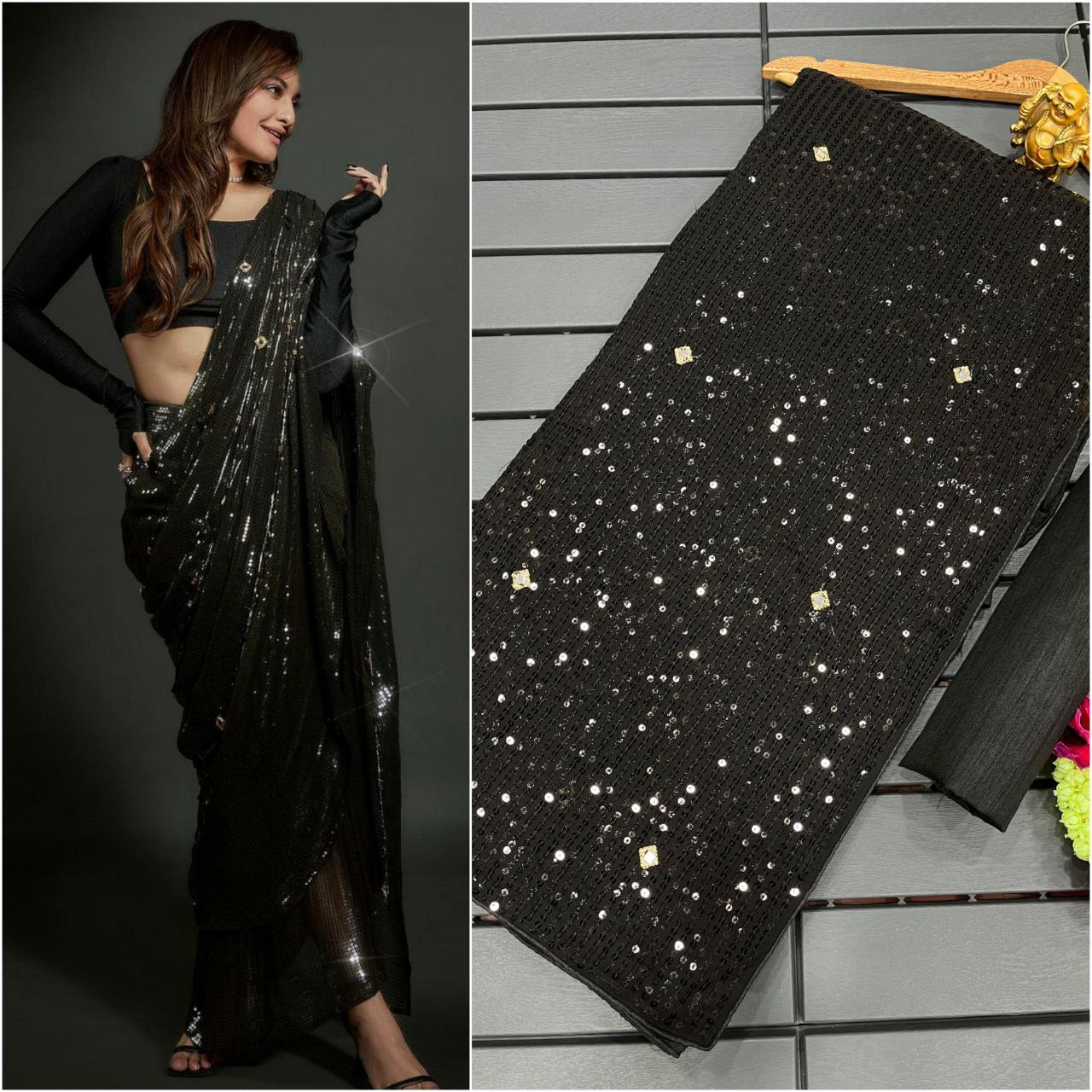 Beautiful Black Color Georgette Heavy Sequins Embroidery Work Party Wear Saree For Women's