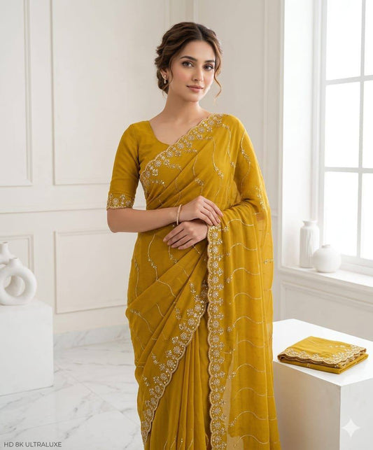 New Trending Saree Star Georgette Saree Multi Sequence Emroidary Work With Running Blouse Embroidery work