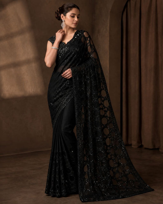 Heavy Quality Butterfly Net Sequins Embroidery work Saree | 4.4 Mtr Work | Blouse-Butterfly Net With Heavy Embroidery Front & Back Multi & Sequins With Sleeves Embroidery Work