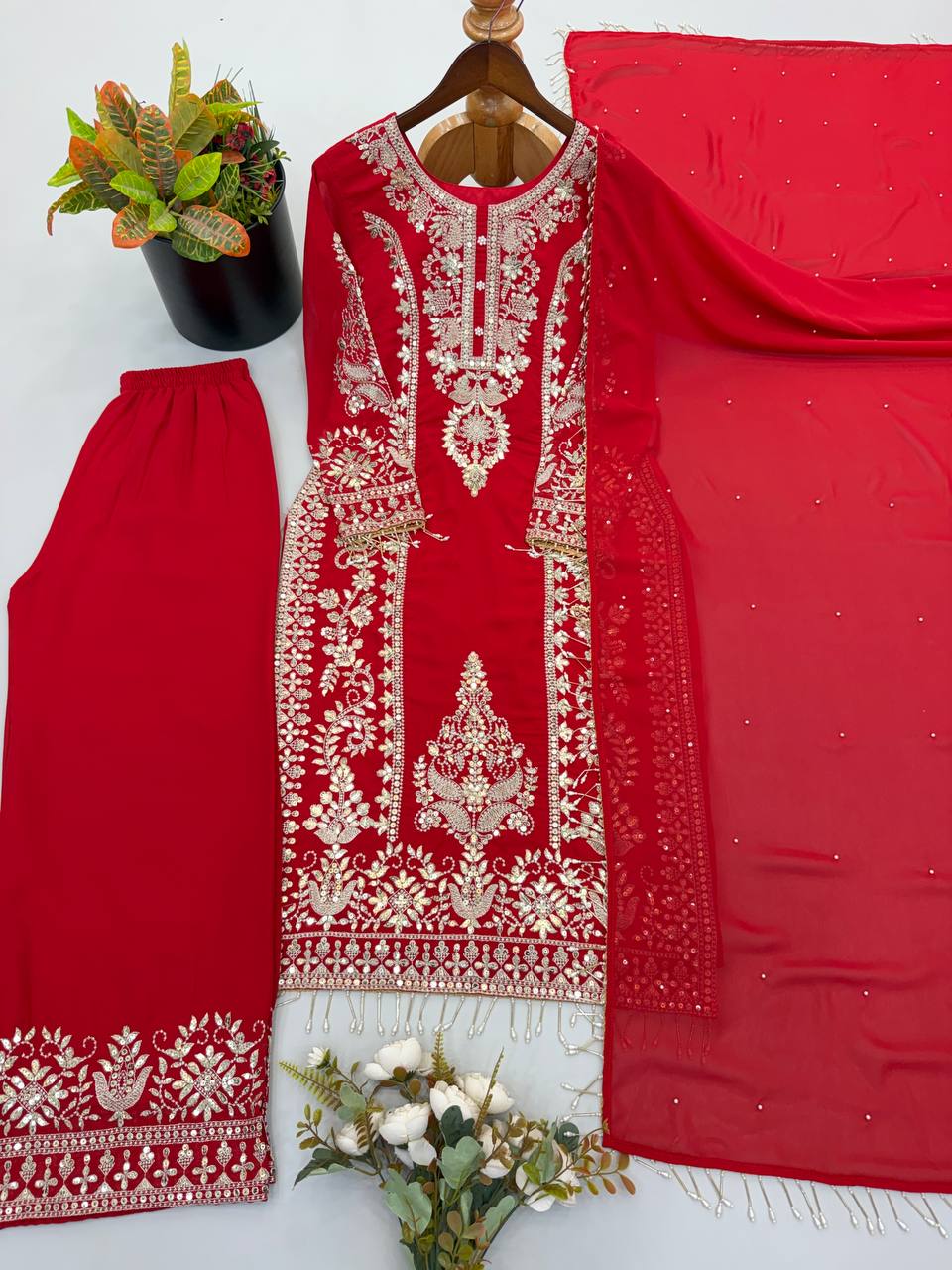 New Designer Collection Faux Georgette With Heavy Embroidery Sequence Work Top-Bottom And Dupatta Set
