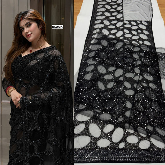Heavy Quality Butterfly Net Sequins Embroidery work Saree | 4.4 Mtr Work | Blouse-Butterfly Net With Heavy Embroidery Front & Back Multi & Sequins With Sleeves Embroidery Work