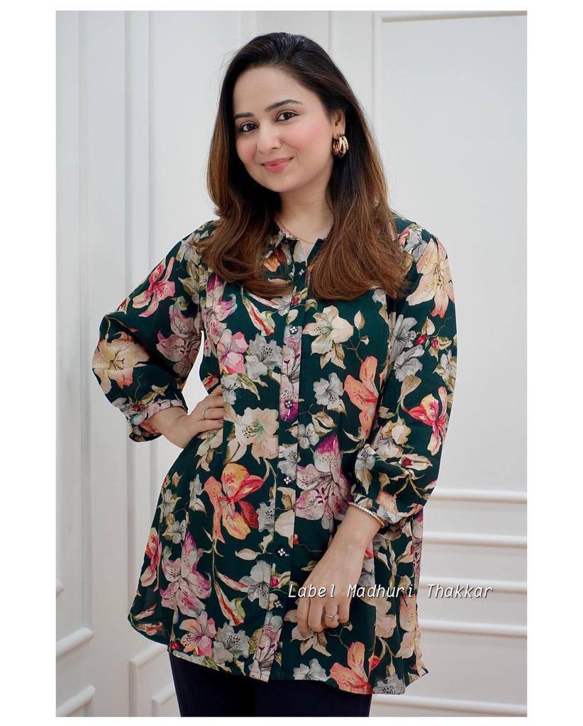 FLORAL MUSLIN STYLISH TUNIC SHORT KURTA FOR GIRLS AND WOMEN WESTERN TOPS