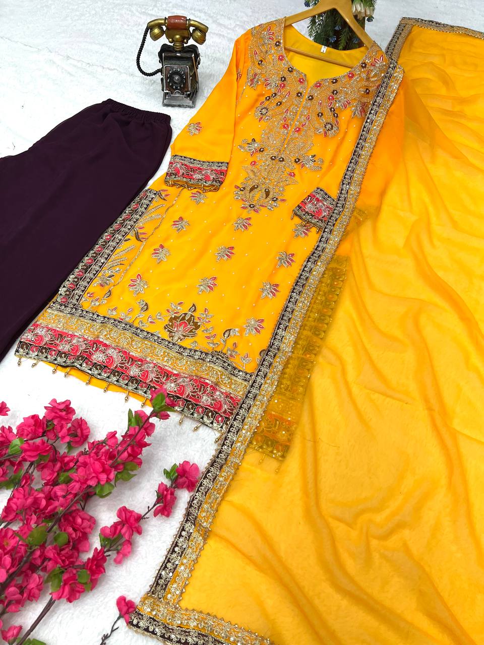 Elegant Faux Georgette Silk Kurti Set with Bottom & Embellished Dupatta – Moti & Multi-Needle Sequins Work (Fully Stitched)