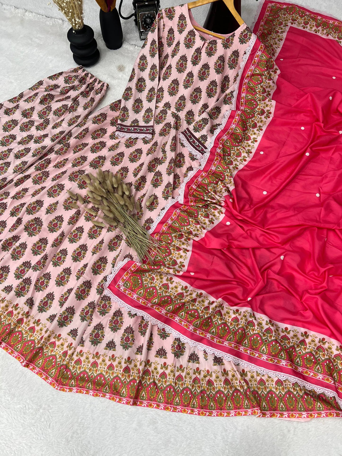 Elegant Heavy Pure Cambric Cotton Gown Set with Pant & Printed Dupatta – Digital Print & Embroidered Lace Work (Fully Stitched, 4 Mtr Flair)